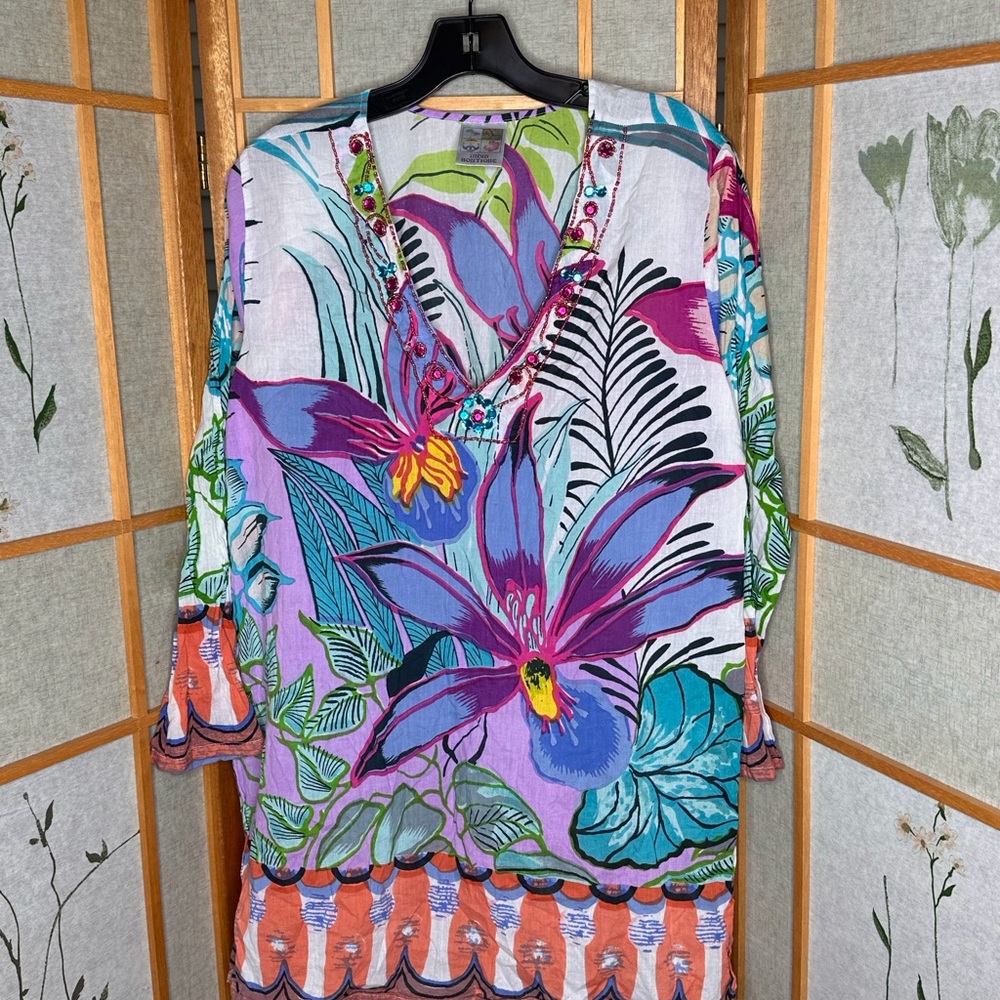 India Boutique Bohemian Floral Orchid Beaded Tunic Top V-Neck One Size/Free Size